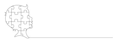 Çocuğun yapboz şeklindeki dış hatları. Otizmin sembolü. Metin için yeri olan tek satırlı çizim. Dünya Otizm Farkındalık Günü. Vektör illüstrasyonu