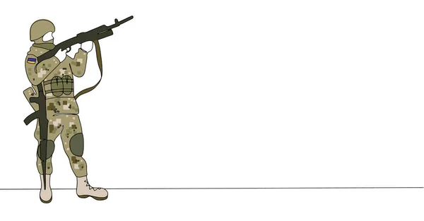 Voják Ozbrojených Sil Ukrajiny Střílí Kulometu Barva Kresby Jedné Čáře — Stockový vektor
