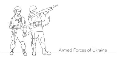 Brothers in arms protect Ukraine from Russian aggression. Warriors with weapons. Men in pixel camouflage. War in Ukraine. Vector illustration
