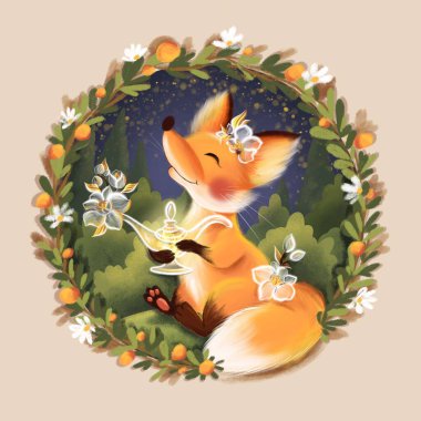 Sihirli lambasıyla peri tilki. Farklı kullanım alanları için çocuksu bir illüstrasyon. Yeşillik çerçevesinde resim çizimi.