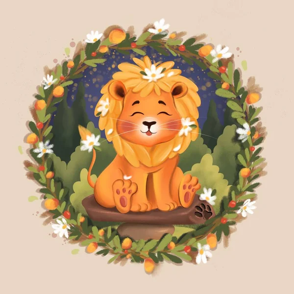 Niedliches Löwenbaby Mit Gänseblümchen Der Mähne Kinderillustration Für Verschiedene Zwecke — Stockfoto