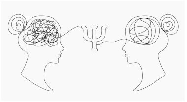 Psikoterapi süreci. Travma geçiriyor. Düşüncelerinizi düzene sokun. Yaşamı iyileştirmek için bir araç olarak psikoloji. Bir çizgi. Vektör illüstrasyonu