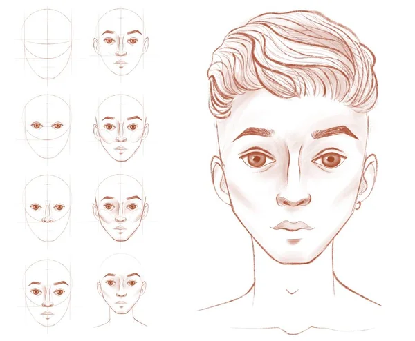 关于画一张人脸的教学 一步一步地画 教育草图 人头各种用途的素描 — 图库照片