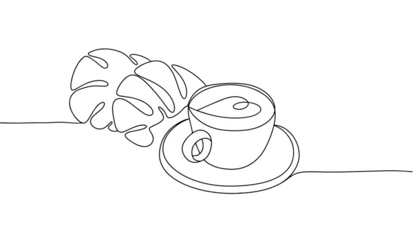 2人のクロワッサンとコーヒーカップ １本の線画 フランスの朝食 パン屋さん 異なる用途のために ベクターイラスト — ストックベクタ