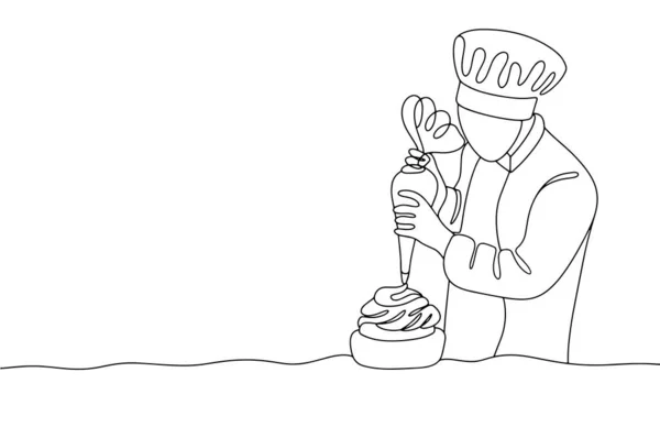 Ζαχαροπλάστης Διακοσμεί Κέικ Κρέμα Χρησιμοποιώντας Μια Σακούλα Ζαχαροπλαστικής Ένα Σχέδιο — Διανυσματικό Αρχείο