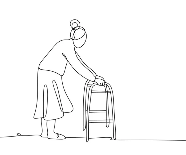 Бабушка Ходит Опираясь Ходунки Прогулка Пожилого Человека Один Рисунок Линии — стоковый вектор