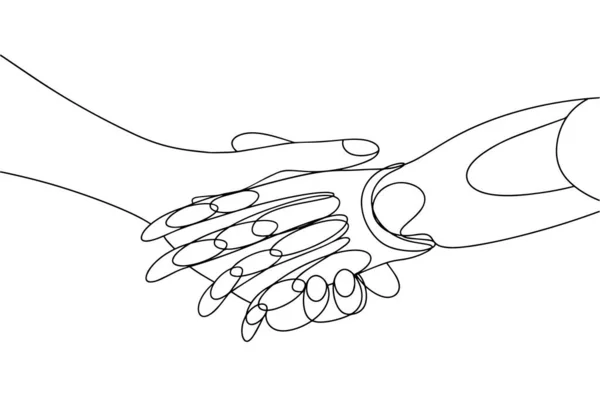 健康的で義肢の手の握手 健康的な手と義肢 特別なニーズを持つ人々を支援する図面 統一と受容 １本の線画 ベクターイラスト — ストックベクタ