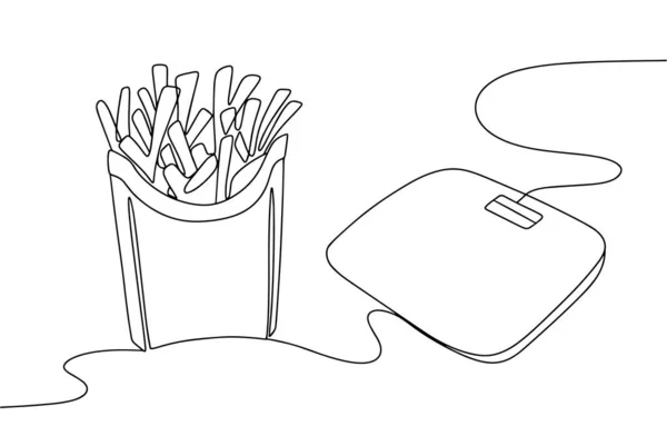 炸薯条和地板秤 用厘米包裹的汉堡 垃圾食品 一个线条画 想吃什么就吃什么国际无饮食日 — 图库矢量图片