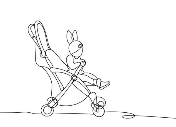 Çocuk Bir Bebek Arabasında Oturuyor Temiz Havada Yürü Tavşan Kulaklı — Stok Vektör
