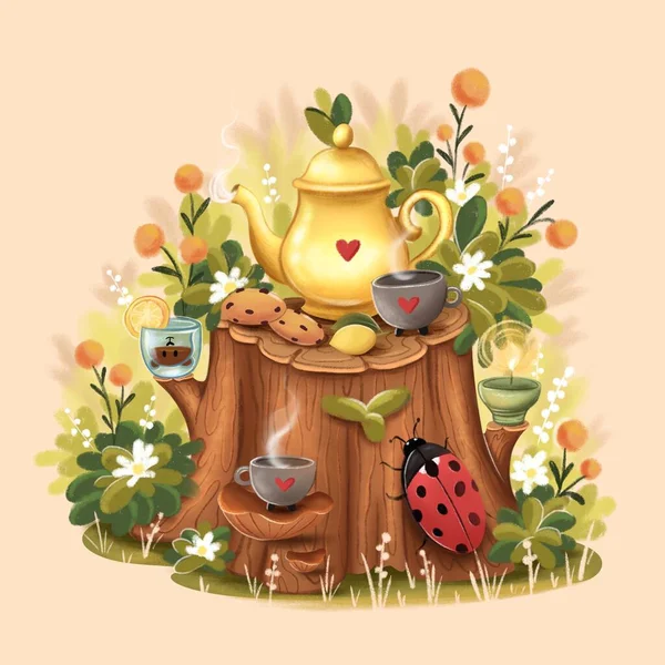 Herbata Konopna Kolorowa Ilustracja Temat Picia Herbaty Kubki Czajniczek Ciasteczka — Zdjęcie stockowe