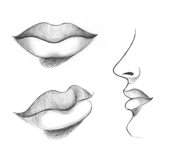Lèvres Humaines Avec Simple Crayon Dans Les Angles Les Tours — Photo