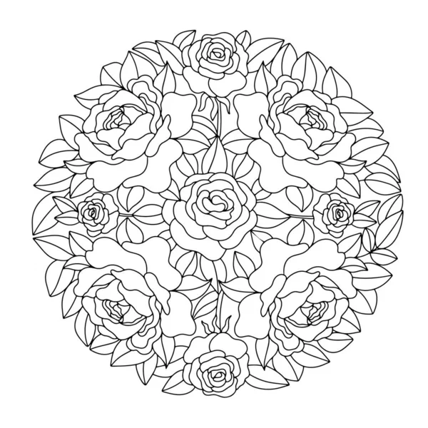 Mandala Form Ros Knoppar Målarbok För Vuxna Och Barn Vektorillustration — Stock vektor