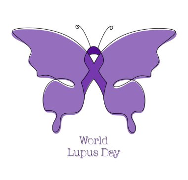 Lupus hastalığının sembolü olarak kurdeleli kelebek. Dünya Lupus Günü. Mor tonlarda renkli illüstrasyon. Farklı kullanım alanları için bir çizgi vektör çizimi. Vektör illüstrasyonu