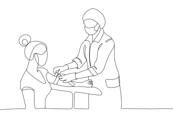 护士用止血带拉病人的胳膊 医疗程序 国际护士日 不同用途的单行绘图 矢量说明 — 图库矢量图片