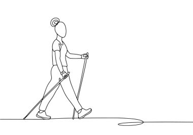 Kadın sopayla ileri doğru yürüyor. İskandinav yürüyüşü. Dünya İskandinav Yürüyüş Günü. Farklı kullanım alanları için bir çizgi. Vektör illüstrasyonu.