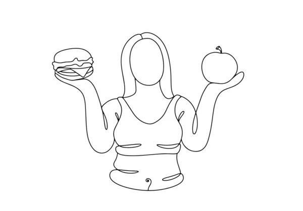 超重的女人在有害的食物和健康的食物之间做出选择 汉堡或苹果 世界肥胖日欧洲 不同用途的单行绘图 矢量说明 — 图库矢量图片