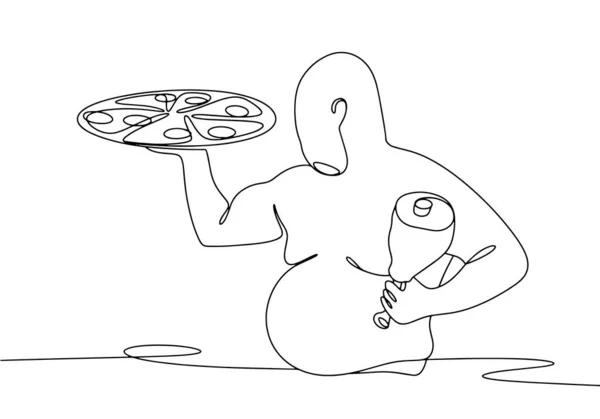 超重男子持有比萨饼和火腿 垃圾食品 世界肥胖日欧洲 不同用途的单行绘图 矢量说明 — 图库矢量图片