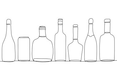 Çeşitli alkol şişeleri. Şampanya, brendi, şarap, bira, viski ve daha fazlası. Farklı kullanım alanları için bir çizgi. Vektör illüstrasyonu.