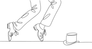 Özel ayakkabılarla step dansı yapan bir adam. Yakınlarda bir silindir şapka var. Uluslararası Tap Dansı Günü. Farklı kullanım alanları için bir çizgi. Vektör illüstrasyonu.