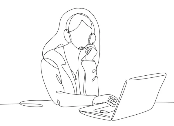 一个戴耳机的女孩带着话筒在笔记本电脑上工作 呼叫中心顾问和人一起工作程序员 热线电话不同用途的单行绘图 矢量说明 — 图库矢量图片