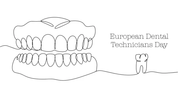 有牙齿的人的上颚和下颚 插入下巴 欧洲牙科技师日 不同用途的单行绘图 矢量说明 — 图库矢量图片