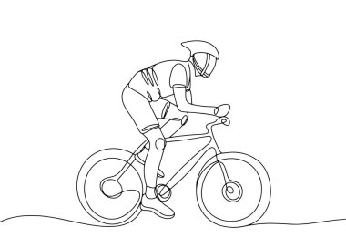 Bisikletçi bisiklet sürüyor. Koruyucu kasklı bir adam. Dünya Bisiklet Günü. Farklı kullanım alanları için bir çizgi. Vektör illüstrasyonu.