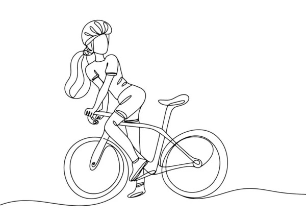 这个女孩坐在自行车上回头看 世界自行车日 不同用途的单行绘图 矢量说明 — 图库矢量图片