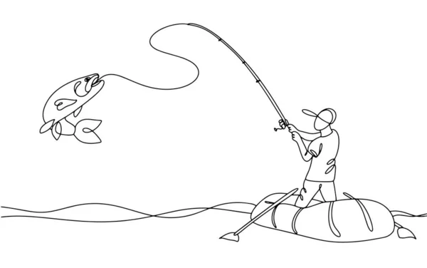 Рибалка Човні Спіймала Велику Рибу Лінією Однорядковий Малюнок Різних Цілей — стоковий вектор