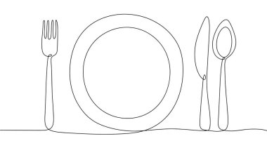 Çatal bıçak. Tabak, çatal ve kaşık. Yiyecek için aletler. Dünya Gıda Güvenliği Günü. Farklı kullanım alanları için bir çizgi. Vektör illüstrasyonu.