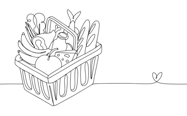 Grocery basket with a set of food. Essential healthy food. Grocery set from the supermarket. World Food Safety Day. One line drawing for different uses. Vector illustration.