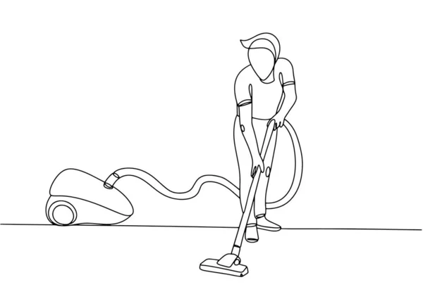Der Mann Staubsaugt Den Boden Hausarbeit Nationaler Hausfrauentag Eine Linienzeichnung — Stockvektor