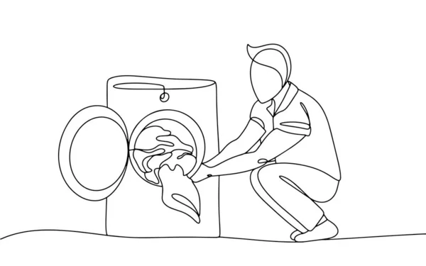 Pembantu Rumah Tangga Dan Cucian Pria Dekat Mesin Cuci Mencuci - Stok Vektor