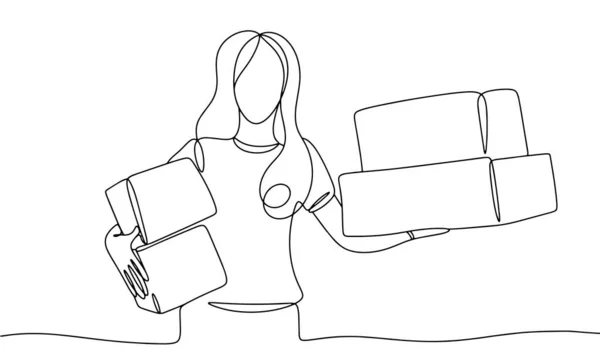 Chica Está Sosteniendo Cajas Mujer Con Cajas Dibujo Una Línea — Vector de stock
