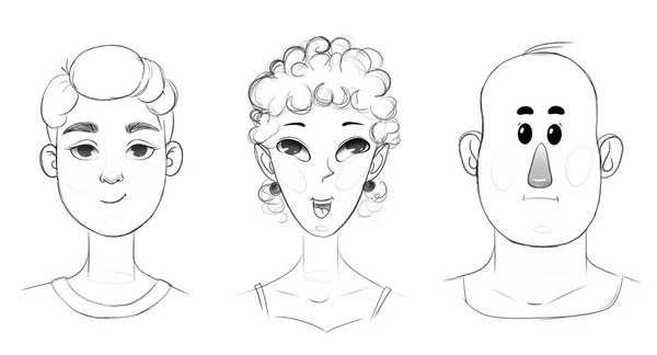 三个虚构人物有着不同的面部造型选择 一个女人和两个男人 — 图库照片