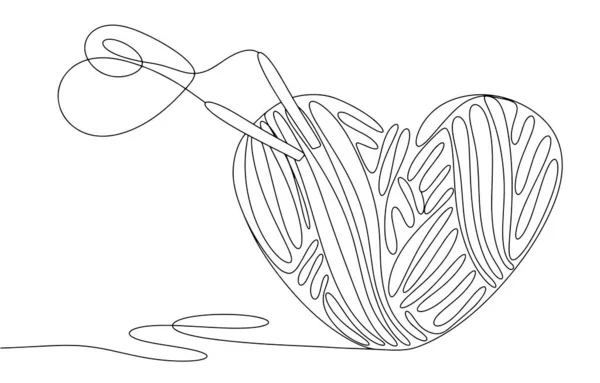 2本の編み針で心臓の形をした糸の皮 公開日にワールドワイドニット 異なる用途のための1つの線画 ベクターイラスト — ストックベクタ