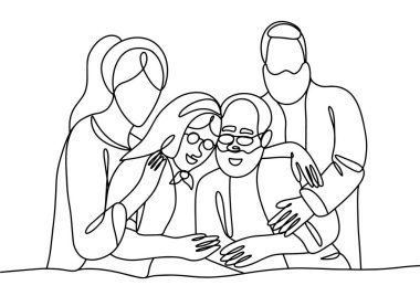Adult children protect their elderly parents. Two generations. World Elder Abuse Awareness Day. One line drawing for different uses. Vector illustration. clipart