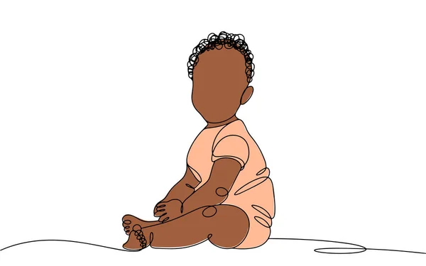 非洲男孩 婴儿正坐在地板上 非洲儿童国际日 不同用途的单行绘图 矢量说明 — 图库矢量图片