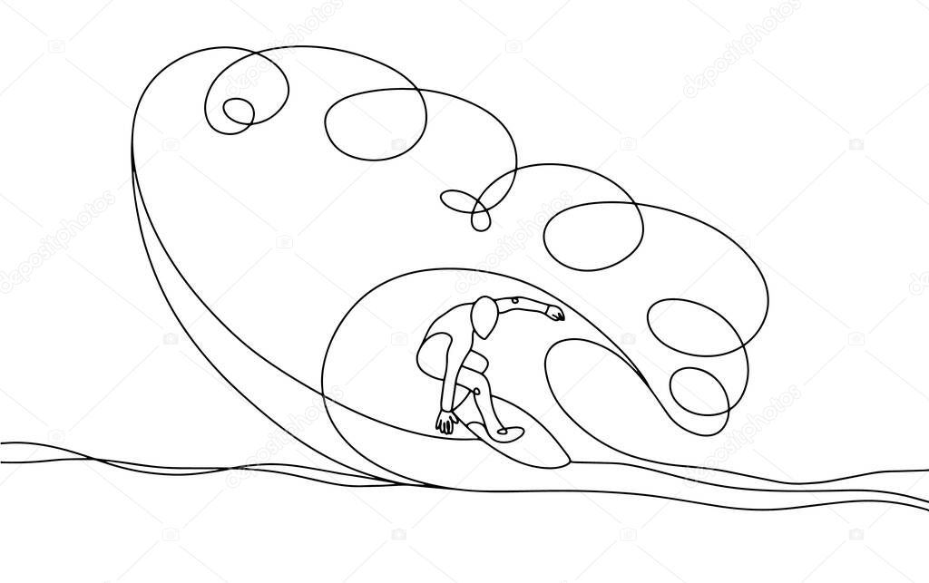 A surfer rides inside a giant wave. Sports pastime. International Surfing Day. One line drawing for different uses. Vector illustration.