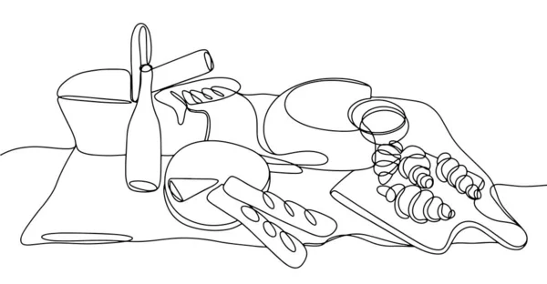 野餐的性质 野餐篮 板子上有羊角面包一瓶葡萄酒和奶酪国际野餐日 不同用途的单行绘图 矢量说明 — 图库矢量图片