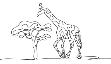 Bir zürafa bir akasya ağacının yanında duruyor. Dünyanın en uzun boylu hayvanı. Dünya Zürafa Günü. Farklı kullanım alanları için bir çizgi. Vektör illüstrasyonu.