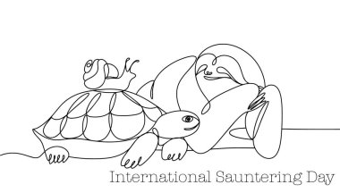 Kaplumbağa, salyangoz ve tembel hayvan. En yavaş hayvanlar. Dünya Avarelik Günü. Farklı kullanım alanları için bir çizgi. Vektör illüstrasyonu.