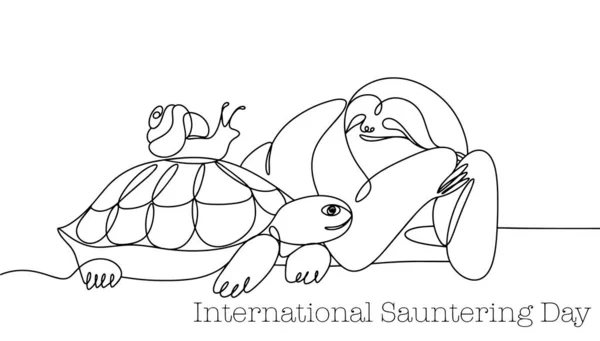 Turtle Snail Sloth Slowest Animals World Sauntering Day One Line — Stock Vector