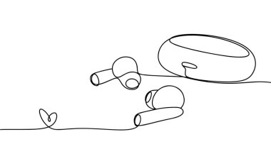 Şarj çantalı kablosuz kulaklıklar. Müzik ve ses dosyaları dinlemek çok uygun. Dünya Müzik Günü. Farklı kullanım alanları için bir çizgi. Vektör illüstrasyonu.