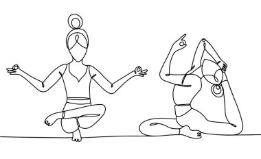 İki kız yoga yapıyor. Vücudu germek ve kasları gevşetmek. Farklı kullanım alanları için bir çizgi. Vektör illüstrasyonu.