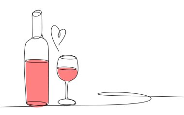 Şişe ve bir bardak şarap. Pembe şarap. Uluslararası Gül Günü. Farklı kullanım alanları için bir çizgi. Vektör illüstrasyonu.