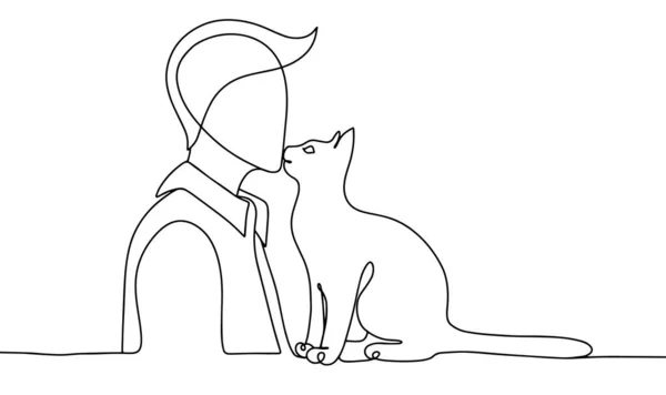 人类和他的宠物 猫嗅着主人 世界反对遗弃宠物日 不同用途的单行绘图 矢量说明 — 图库矢量图片