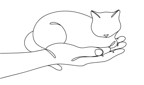 一个人的手牵着一只猫 猫在一个男人的掌心 世界反对遗弃宠物日 不同用途的单行绘图 矢量说明 — 图库矢量图片