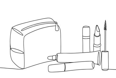Kozmetik çantasının yanında kozmetik ürünler var. Maskara, ruj, kapatıcı ve fosforlu kalem. Makyaj için farklı kozmetikler. Uluslararası Makyaj Günü. Farklı kullanım alanları için bir çizgi. Vektör illüstrasyonu.