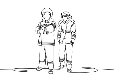 Kurtarma mesleği. Acil Kurtarma Uzmanı. Kurtarıcı adam. Kurtarıcı kadın. Kurtarıcının Uluslararası Günü. Farklı kullanım alanları için bir çizgi. Vektör illüstrasyonu.