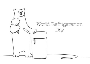 Beyaz ayı buzdolabına yaslandı ve pençesinde dondurma tutuyordu. Dünya Buzdolabı Günü. Farklı kullanım alanları için bir çizgi. Vektör illüstrasyonu.